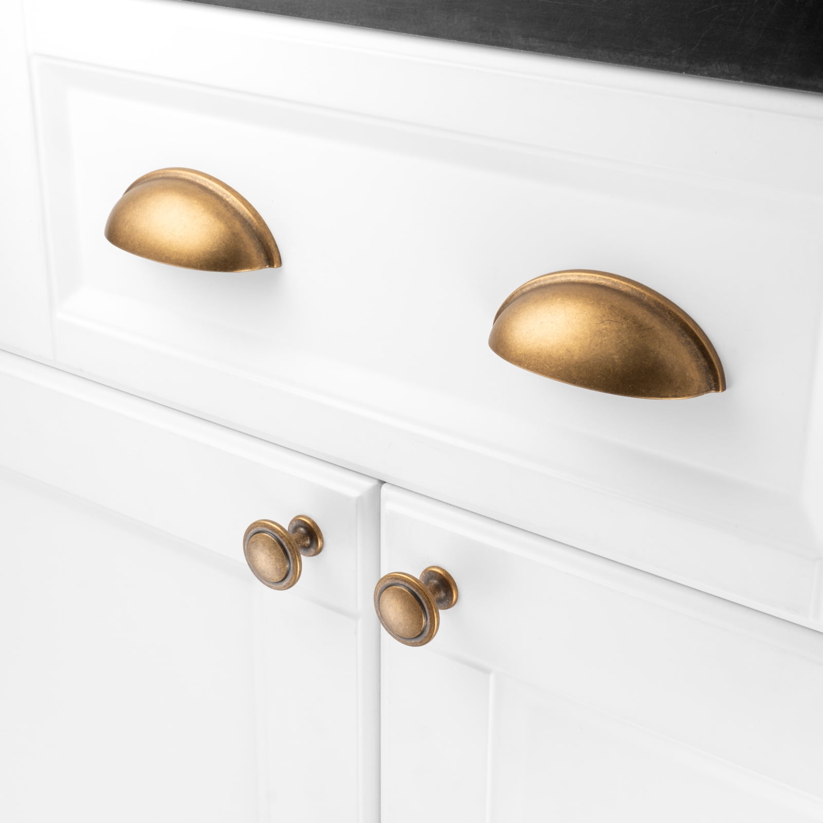 KOOFIZO 10 Pack Stepped Round Cabinet Knob - Antique Brass Pull Handle (Dia.31mm / 1.2 Inch)