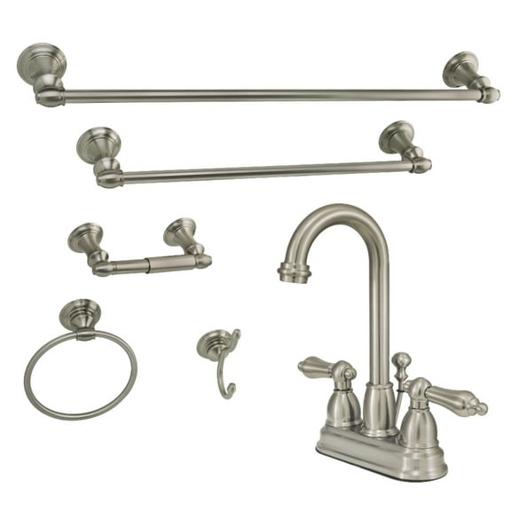 Kingston Brass KBK3618AL 4 in. Bathroom Faucet with 5-Piece Bathroom Hardware Combo, Brushed Nickel
