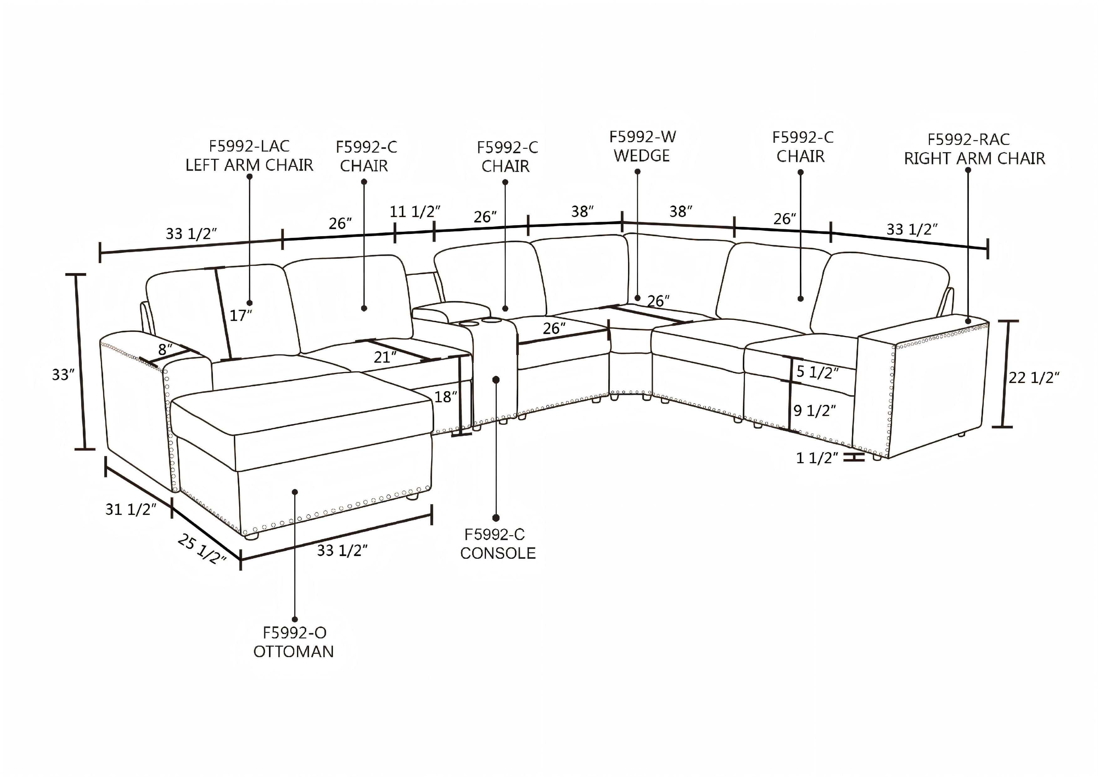 Gewnee 6 Seat Sofa Set with Ottoman, Microfiber Upholstered Sofa, Solid Wood Frame, Storage Console with Cup Holders, Living Room, Dark Gray