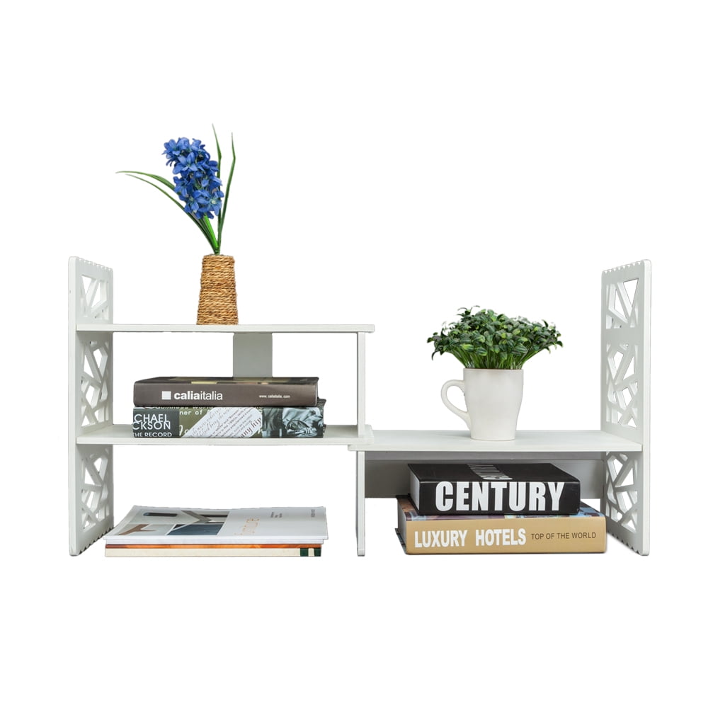 Veryke Expandable Desktop Bookcase, Openwork Desktop Bookshelf, White