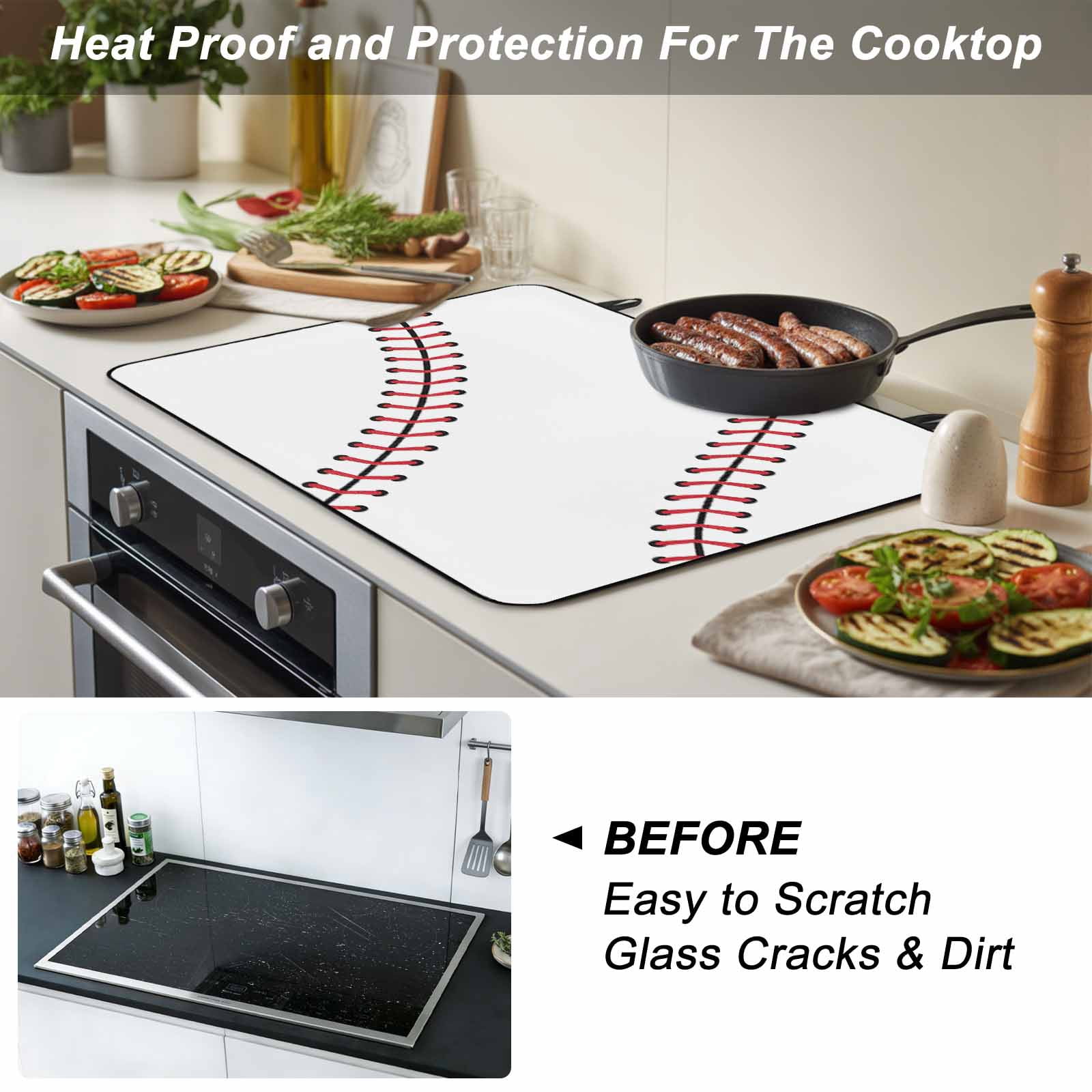Baseball Stove Top Cover for Electric Stove, Heat-proof & Non Slip Glass Top Stove Cover Protector, Modern Minimalist Red Lines Kitchen Flat Cooktop Rubber Mat 24x21 Inches