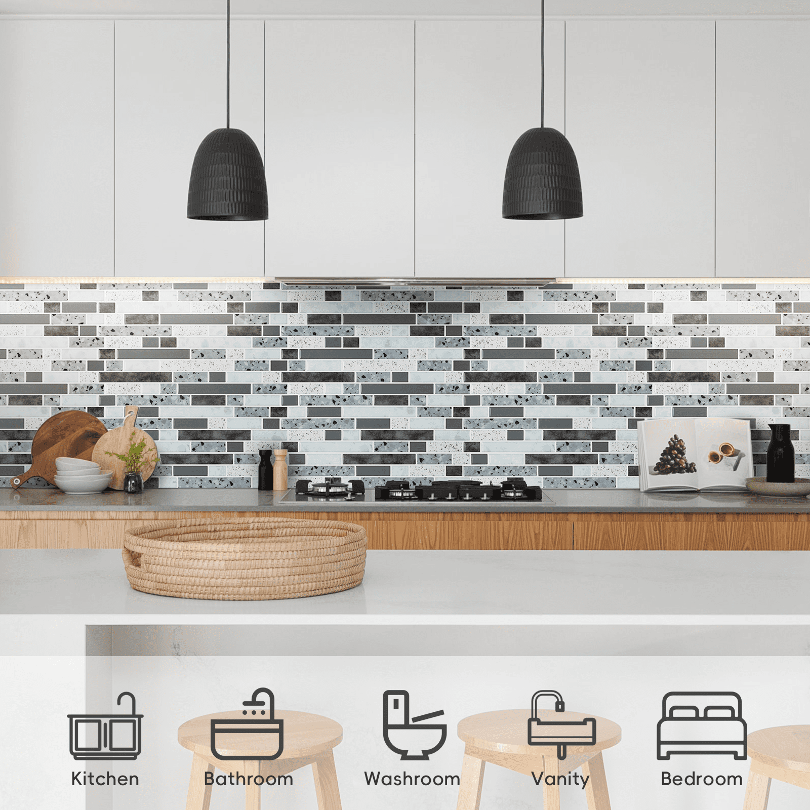 10-Sheet Peel and Stick Backsplash, 12" x 12" 3D Self Adhesive Faux Stone Marble Wall Tiles for Kitchen Bathroom (Grey)