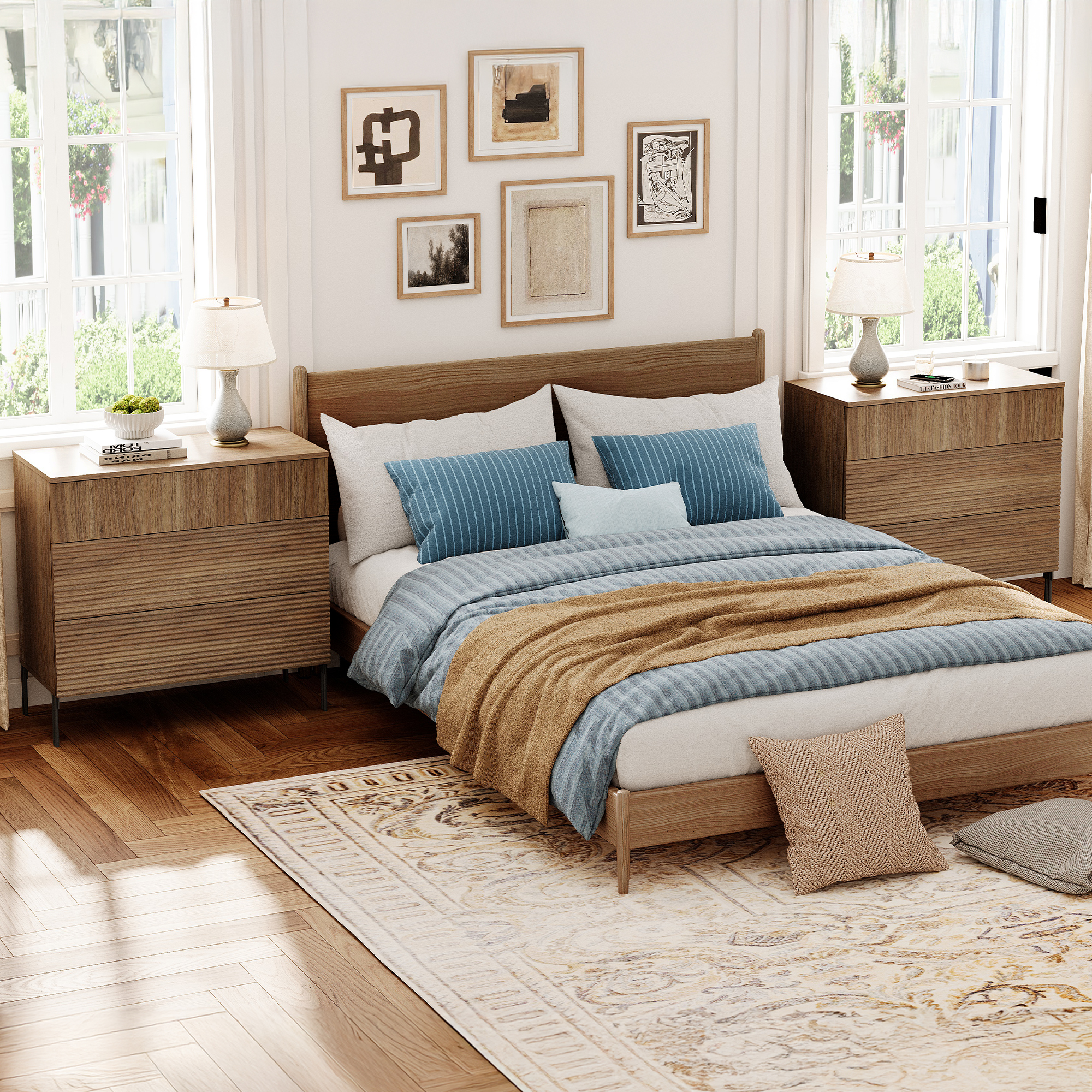Modern Minimalist Wood Nightstand Set of 2 with 3 Drawers ,31.5" Large End Table,Reeded Design Bedside Table for Bedroom, Living Room,Entryway