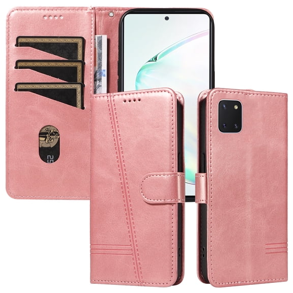 Flip Case for Samsung Galaxy Note 10 Lite Dual SIM, 360 Degree Protection Shockproof PU Leather Wallet Phone Cover, Kickstand and 3 Card Slots, Rose Gold