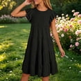 thumbnail image 2 of Girls Dresses Solid Color Round Neck Puff Sleeve Kids Party Outfit Girls Beach Dress Size 14-15T, 2 of 6