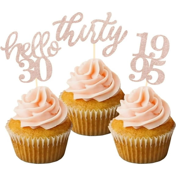 12pcs Rose Gold Glitter 30th Birthday Cupcake Toppers for 30th Anniversary Birthday Party Wedding Party Decorations