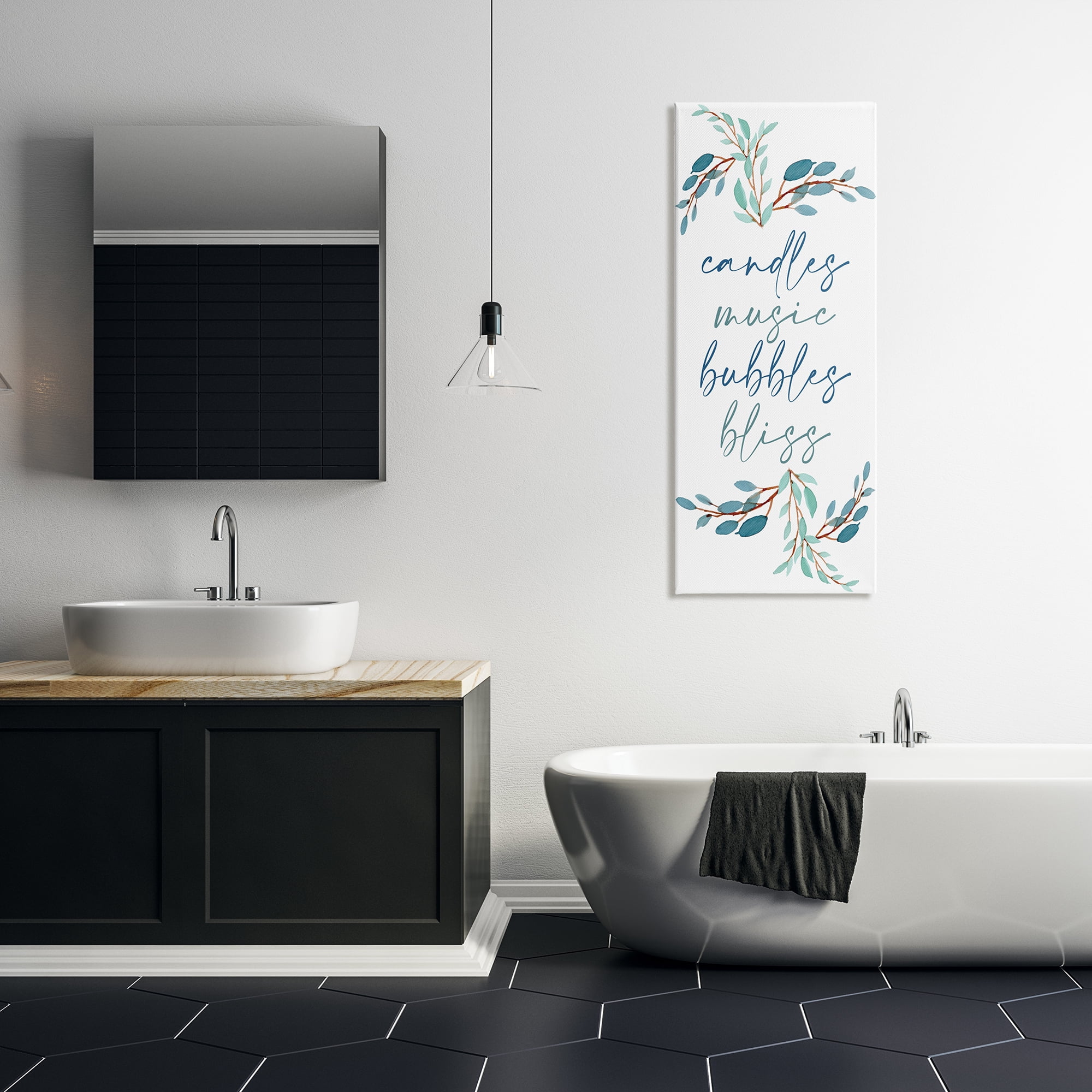 Stupell Industries Candles Music Bubbles Bliss Bathroom Relaxation Blue Plants, 20 x 48, Designed by Kim Allen
