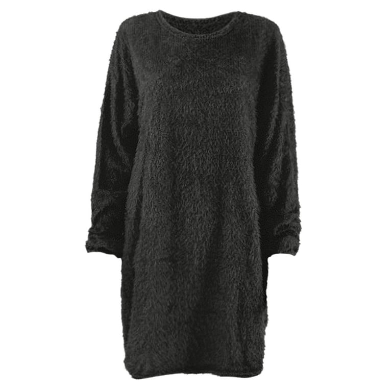 ZIFang Women Winter Sweater Mini Dress Soft Knit Crewneck Warm Fuzzy Dresses Loose Long Sleeve Long Sweater Tops with Pockets Black 3XL, Women's ZIFang Women Winter Sweater Mini Dress Soft Knit Crewneck Warm Fuzzy Dresses Loose Long Sleeve Long Sweater Tops with Pockets Black 3XL, Women's