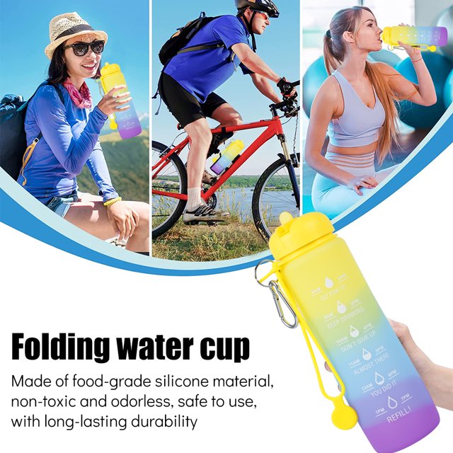 JTWEEN Botella Water Portátil Plegable Botella de Silicona sin Bpa de 600 Ml a Prueba de Fugas, Linda Taza Water con Marcador de Tiempo para la Escuela, Oficina, Gimnasio, Viajes, Camping