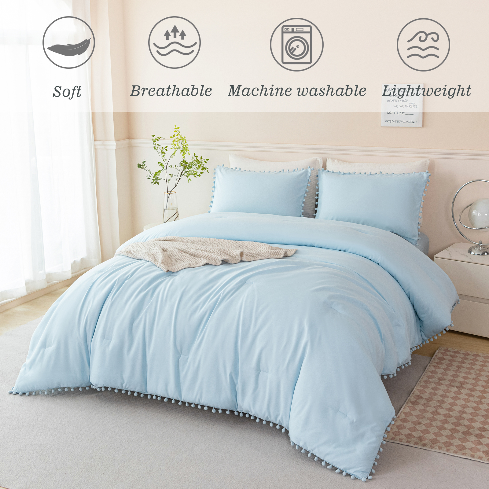 RYNGHIPY Pom Fringe Bed Comforter Set Queen Size for Girls 3Pcs Baby Blue Comforter Set Solid Fluffy Bedding Set for All Season Soft Bed Set with Comforter(Light Blue,Queen)