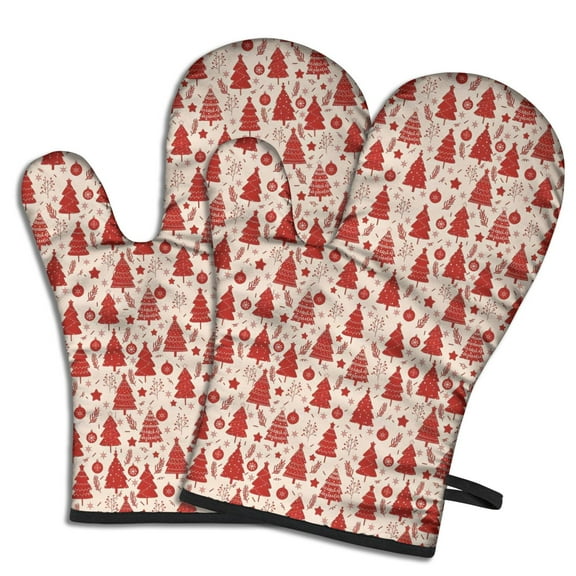 Cute Oven Mitts,Red Christmas Tree Pattern Oven Mitt 2-Pack Set,Kitchen Gloves for Oven,Heat Resistant Oven Mitts 7.7"x12"