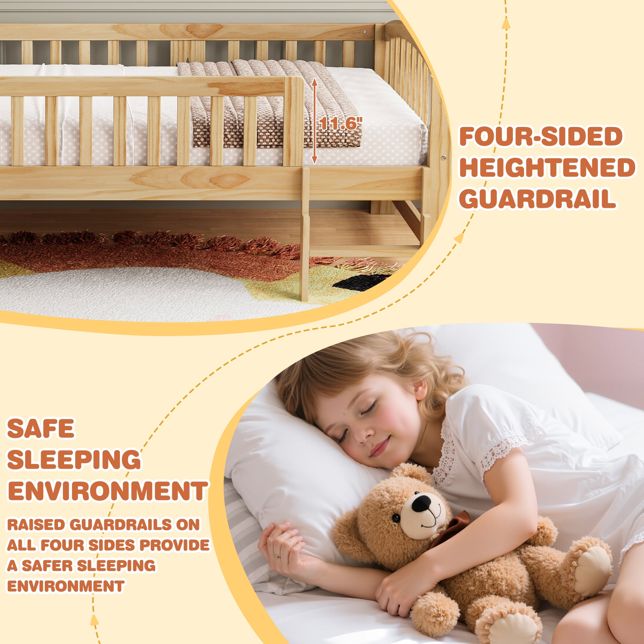 PAPROOS Wood Twin Platform Bed Frame, Twin Size Bed Frame with Fence Guardrail Ladder, No Box Spring Needed, Natural