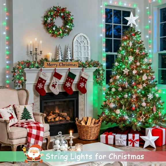 SLFR-2 Pack Red White and Green Christmas Lights Battery Operated, Each 33ft 100 LED Battery String Lights with Remote, Christmas String Lights for Tree Bedroom Porch Garland Yard Xms Decor