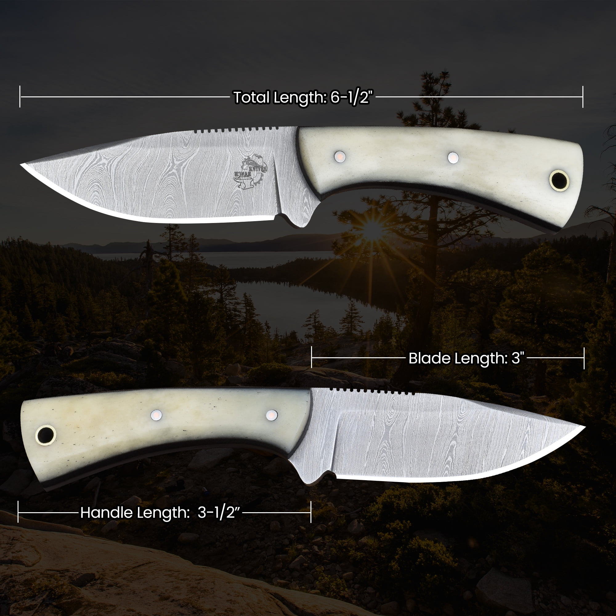 Knives Ranch 4402 Damascus Steel Fixed Blade Knife with Bone Handle – Hand Forged Hunting Knife, Razor Sharp Outdoor Camping Survival Knife
