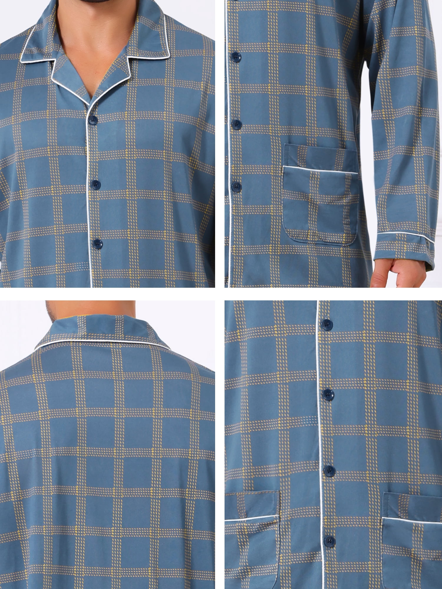 DARING DIVA Men's 2-Piece Long Sleeve Button Down Pocket Pajamas Set S Blue Yellow