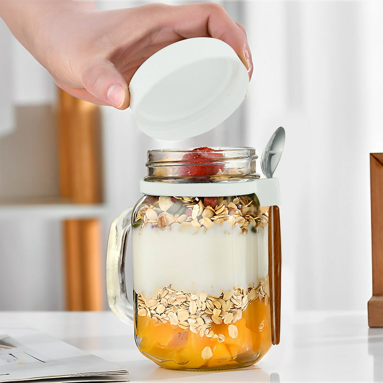 CIVG 2pcs 16OZ Overnight Oats Container Airtight Glass Oatmeal Jars with Lid  and Spoon Portable Overnight Oatmeal Cup Reusable Wide Mouth Breakfast Cup  Container for Salads Milk Cereal Fruit 