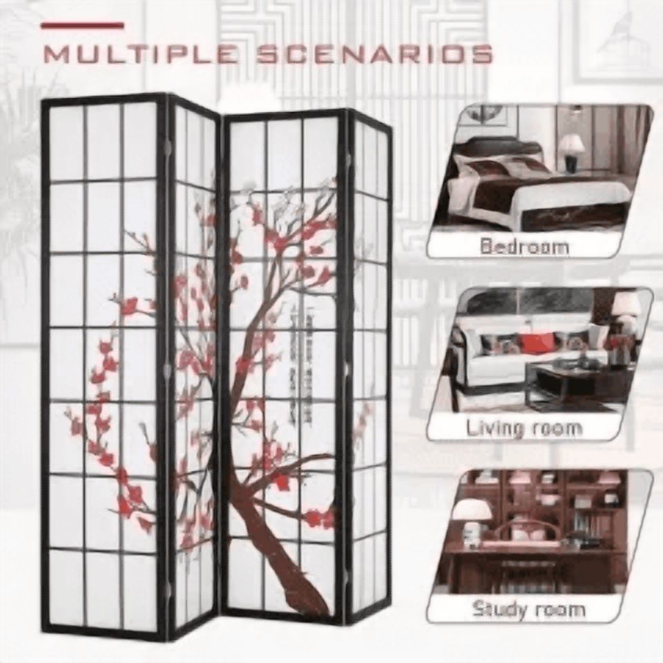 CL.HPAHKL 6Ft Tall 4 Panel Oriental Shoji Screen Room Divider, Portable Freestanding Partition Screen, Folding Privacy Divider With Oil Canvas for Room Separation, Dressing, Plum Blossom