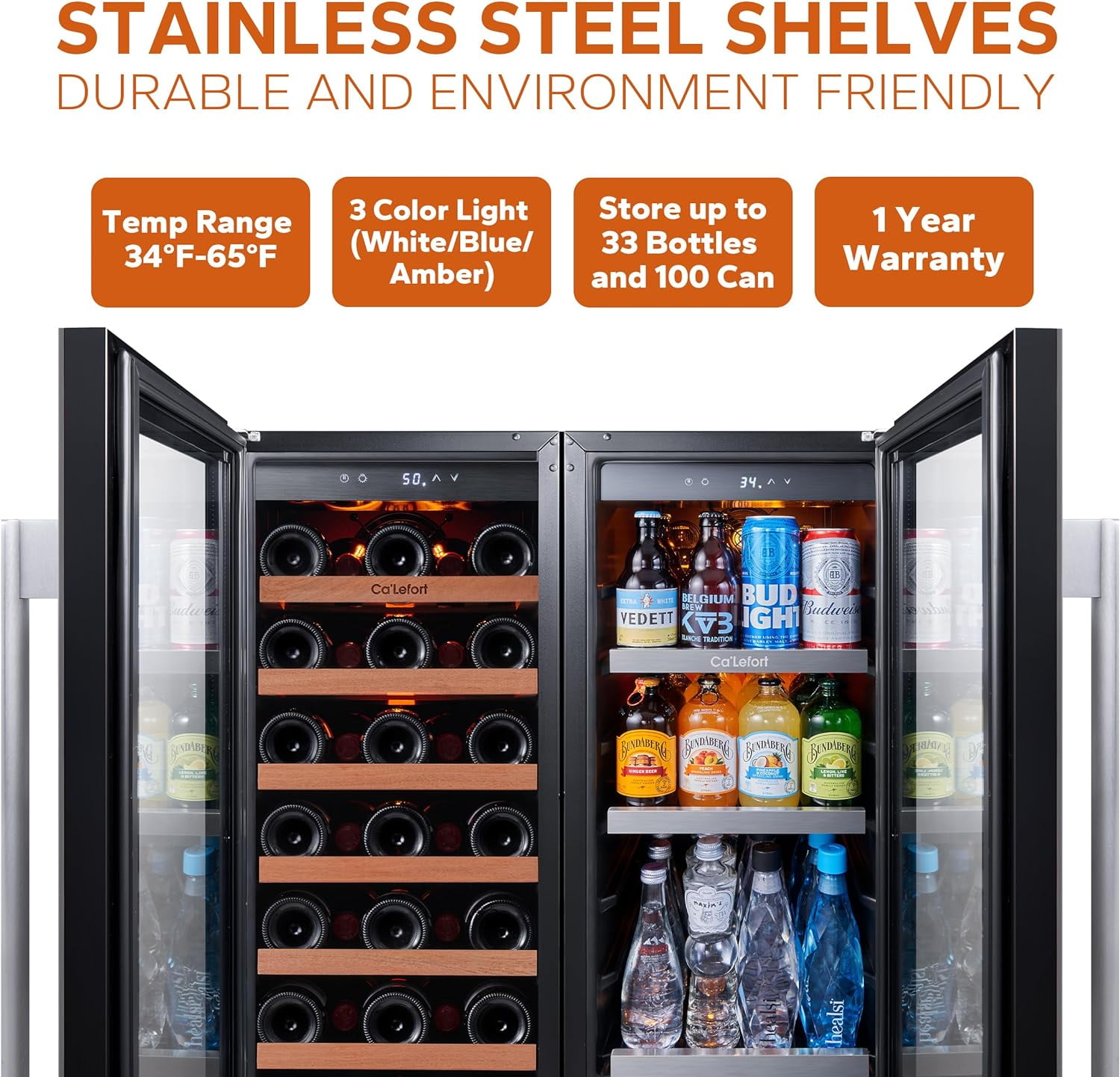 Ca'Lefort Wine and Beverage Refrigerator, 15" Wine Cooler and 15" Beverage Fridge Side-by-Side, Holds 33 Bottles and 100 Cans for Halloween Gifts