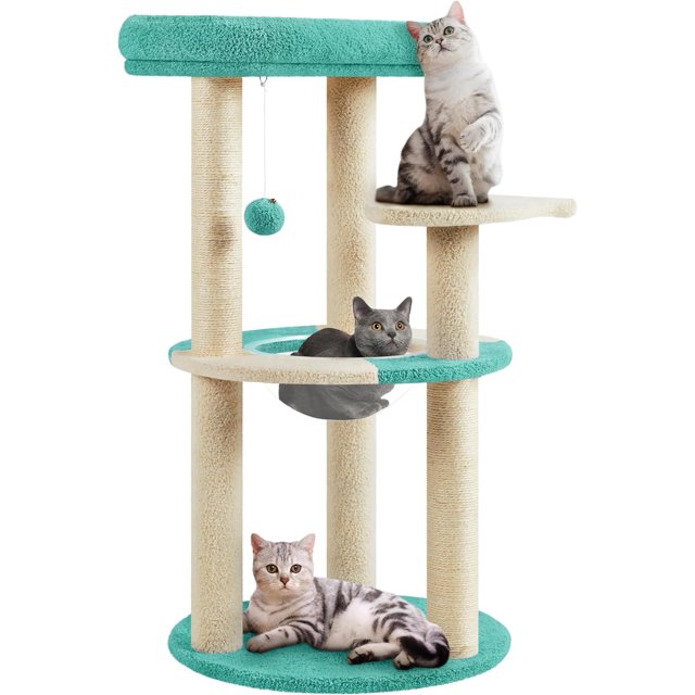 Wangone Cat Tree 35.5in Indoor Cat Tower with Scratching Posts & Padded Perch – Cute Cat Condo House with Space Capsule for Kittens, Small Cats, Home Use, Indigo/Beige