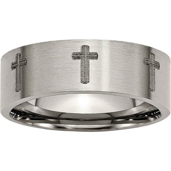 Primal Steel Titanium Brushed Cross Laser Design 8mm Flat Band