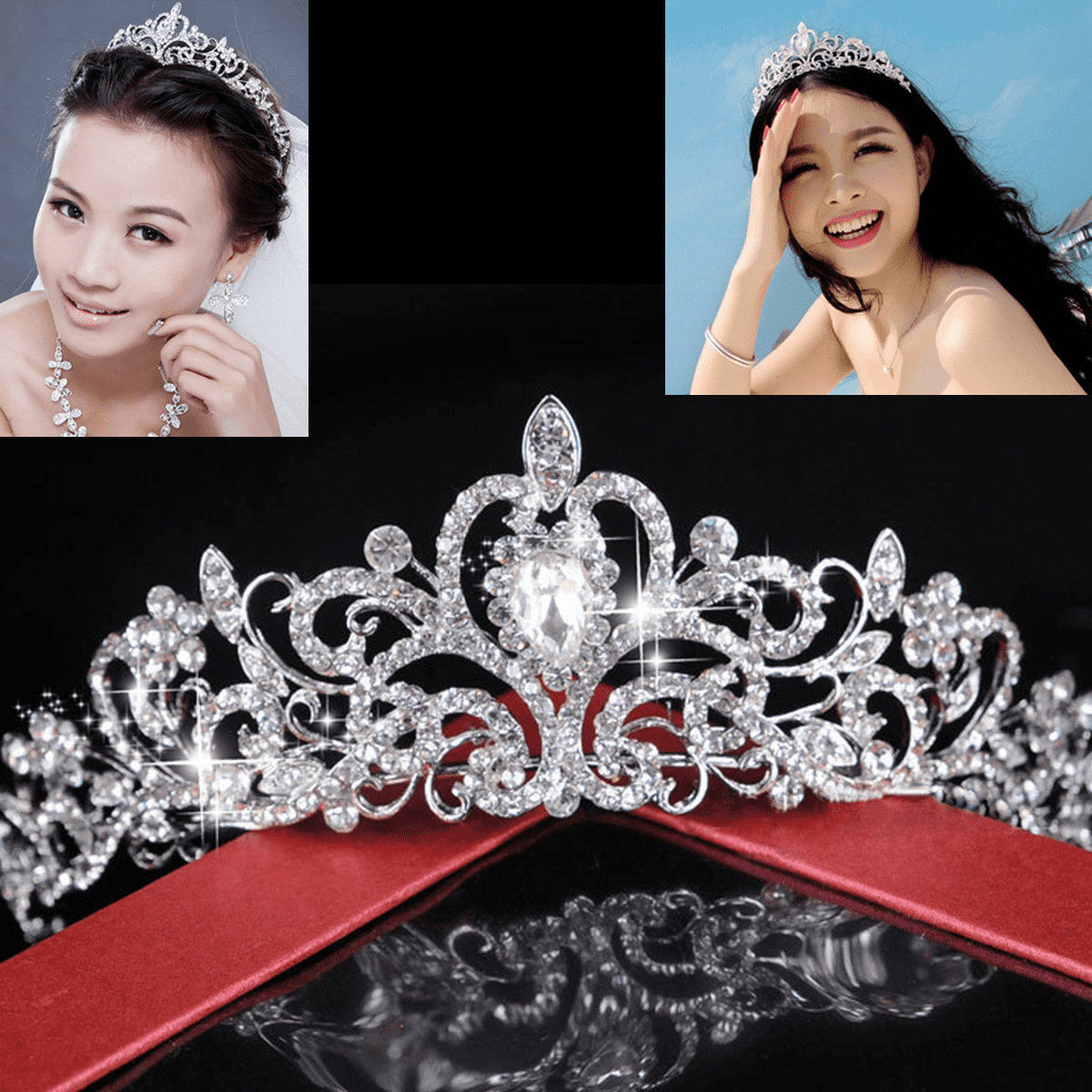 Bridal Princess Crystal Austrian Tiara Wedding Crown Silver Veil Hair 