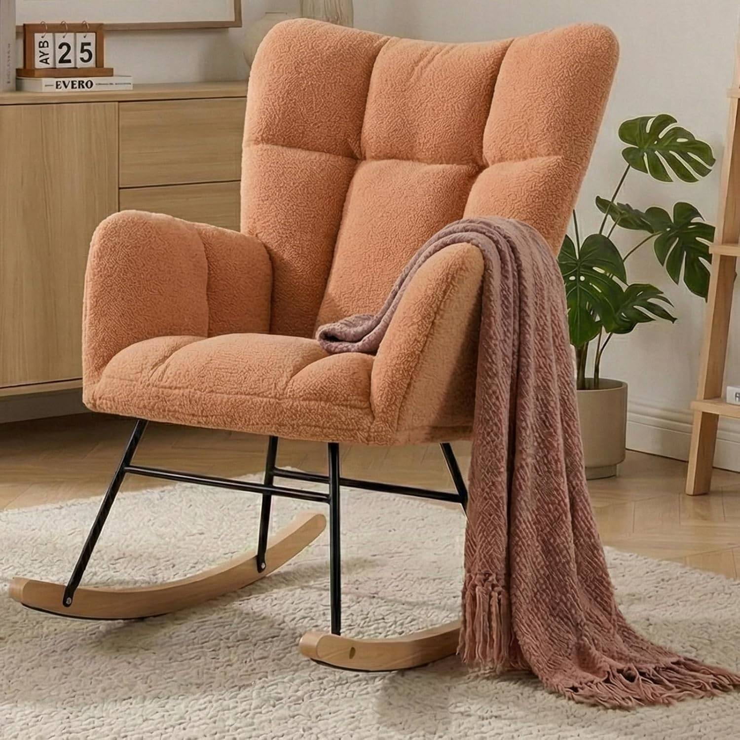 Upholstered Glider Rocking Chair with Thick Cushion, Tufted Design and Wood Legs, Cozy Armchair for Nursery or Living Room (Khaki)
