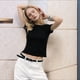 thumbnail image 5 of Camisetas de Algodón para Mujer, Cuello Redondo, Corta, Básicas, Informales, de Verano, Color Liso, Negras, S, 5 of 9