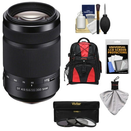 Sony Alpha 55-300mm f/4.5-5.6 DT SAM Zoom Lens with 3 UV/CPL/ND8 Filters + Backpack Case + Kit for A37, A58, A65, A68, A77 II, A99