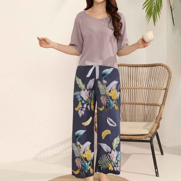 Outfits for Women V Neck Solid Print Loose Fit Short Sleeve T-Shirt And Wide Leg Pants 2 Piece Homewear Women's Clothing Sets Purple L