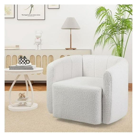 Sherpa Accent Chair, Swivel Barrel Chair White, Modern Upholstered Living Room Chair with Curved Back & Armrests, 360° Spin, Cozy Reading Chair for Bedroom