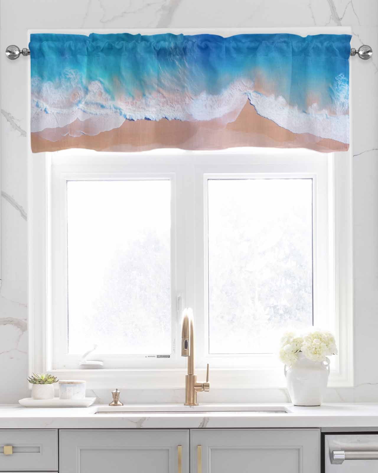 Blue White Ocean Wave Linen Curtain Valance for Bedroom/Bathroom/Kitchen/Office/Living/Dining Room Windows,Summer Sandy Beach Coastal Nautical Pocket Topper Drapes Decorative Cafe Drapery Panel 54x18