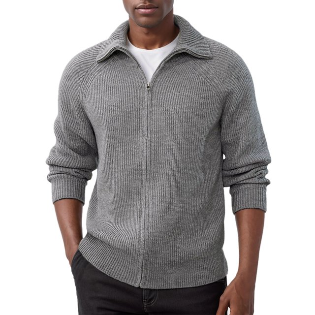 uikmnh Cardigan à Fermeture Éclair Complète pour Hommes, Col à Revers, Manches Raglan, Décontracté, Côtelé (Taille : S)