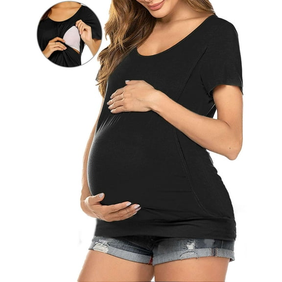 Spencer Women's Maternity Nursing Top Short Sleeve Maternity Shirt Breastfeeding Tee Shirt Double Layer Pregnancy Shirt Blouse Pregnancy Clothes (Black,M)