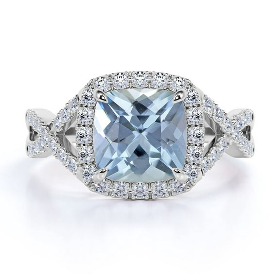 JeenMata Beautiful Infinity Pave 1.2 TCW Cushion Cut Lab Created Aquamarine and Moissanite Halo Prong Engagement Ring in 18K White Gold Plating over Silver