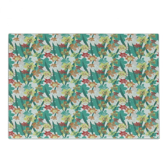 Tropical Cutting Board, Soft Pastel Colored Hand-drawn Effect Colorful Flowers and Pointy Green Leaves, Decorative Tempered Glass Cutting and Serving Board, in 3 Sizes, by Ambesonne