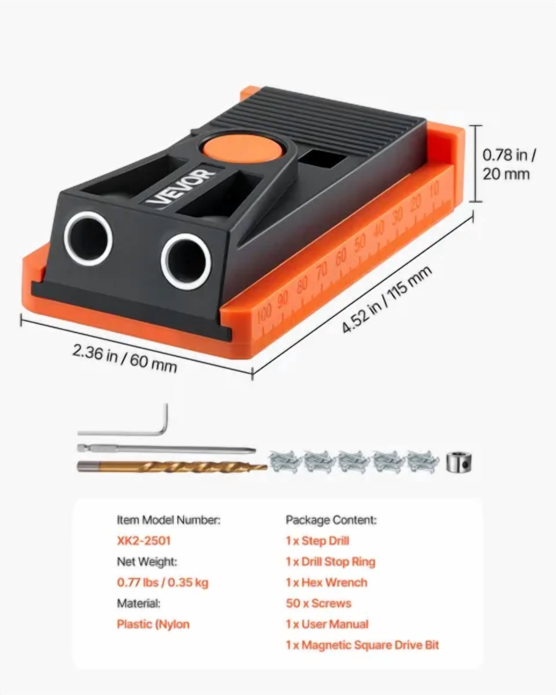 Adjustable Pocket Hole Jig Kit for Woodworking-Mini System with Step Drill,Hex Wrench,Drill Stop Ring,Square Drive Bit&Screws,Reinforced Nylon Frame