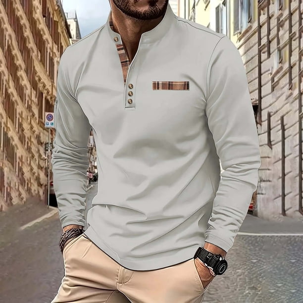 Blusa y camisa de cuello alto de manga larga para hombre, moda versátil, bloque de color, botones, blusa de cuello alto de manga larga, abrigo de poliéster para hombre