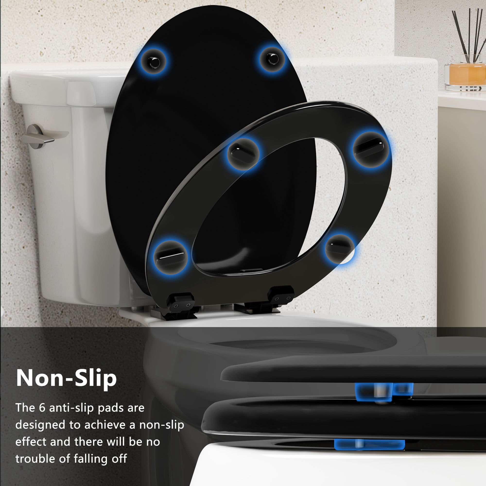 Angol Shiold Wood Toilet Seat with Non-Slip Adjustable Hinges, Quiet-Close ( Black, Elongated 18.5'' )