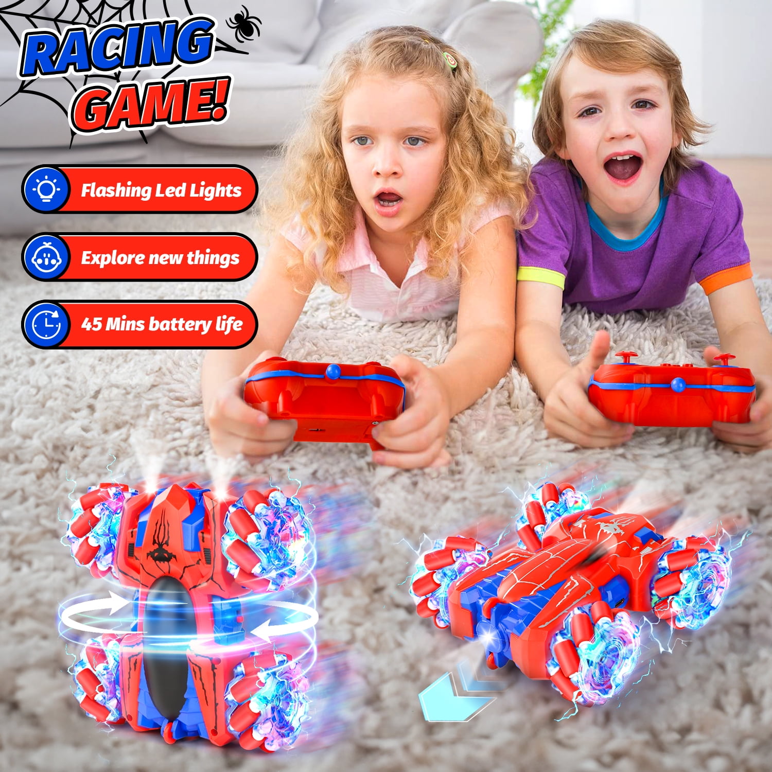 Huge Wave Spider Remote Control Car, Double Sided RC Stunt Car Outdoor Toys for Kids, 360° Flip 4WD Rechargeable Racing for 4 5 6 7 8 9 10 Boys Girls Christmas Birthday Gifts