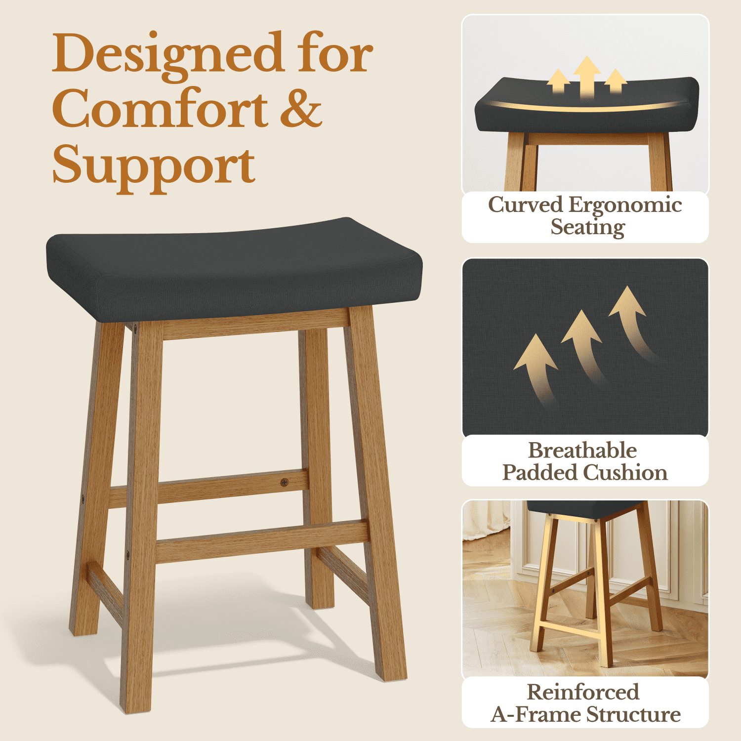 Alden Design Set of 3 Backless Saddle Stools with Upholstered Seat Cushion, Dark Grey