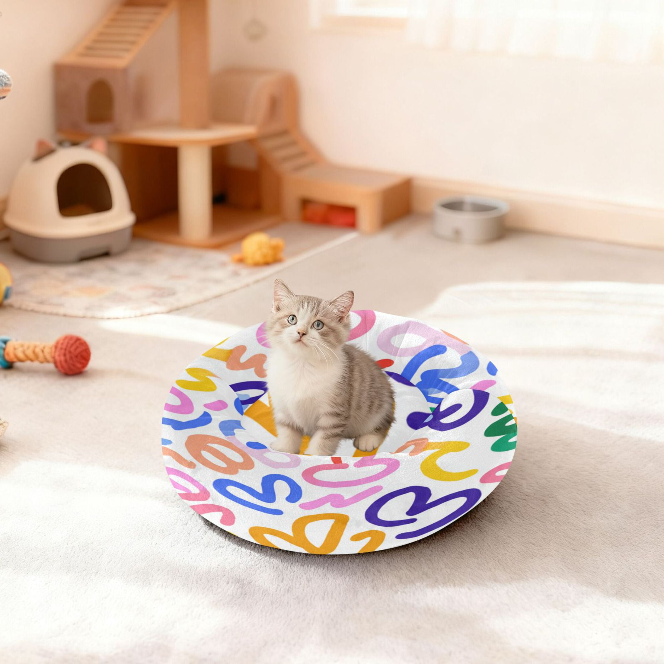 Iauyy Pet Couch Donut Cat Bed for Indoor Cats/Small Dogs Washable & Machine with Non-slip Bottom Calming Cat Furniture, Capture Love (M)