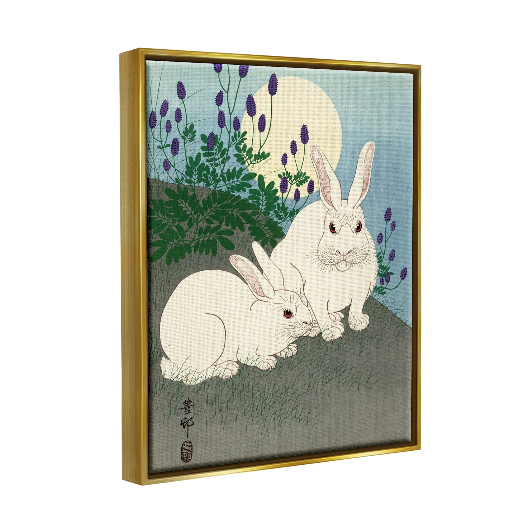 Stupell Industries Konijnen bij Volle Maan Ohara Koson Classic Rabbit Painting Painting Metallic Gold Floating Framed Canvas Print Wall Art, Design by one1000paintings