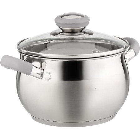 Modern 2 Quart Stainless Steel Stock Pot with Glass Lid, Tri-Ply Bottom for Even Heating, Induction Compatible, Dishwasher Safe, Heatproof Handles
