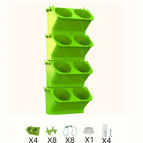 4-Piece Contemporary Wall Planters Set, Plaid Patterned Indoor & Outdoor Vertical Hanging Flower Pots, Unfinished Rectangle Plastic Garden Planters with Stand - Light Green