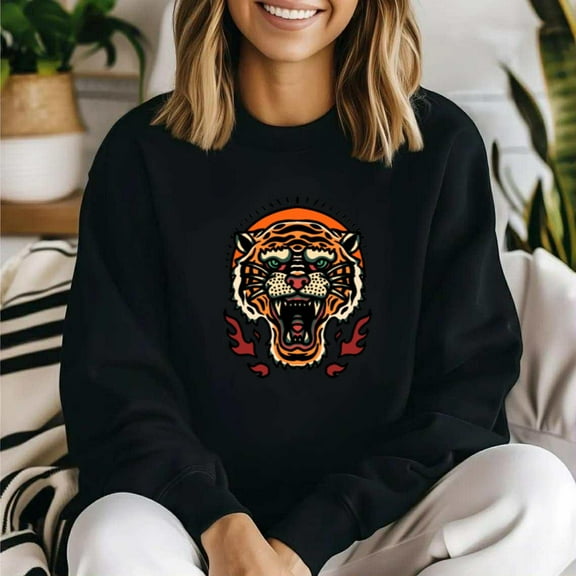 Retro Tiger Head Tattoo Vintage Bold Graphic Style Sweatshirt, for men & women, up to size 5XL.