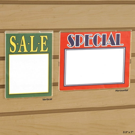 Acrylic Sign Holders for Slatwall & Gridwall, Vertical Portrait, 5.5" W x 7" H, 5 Pack
