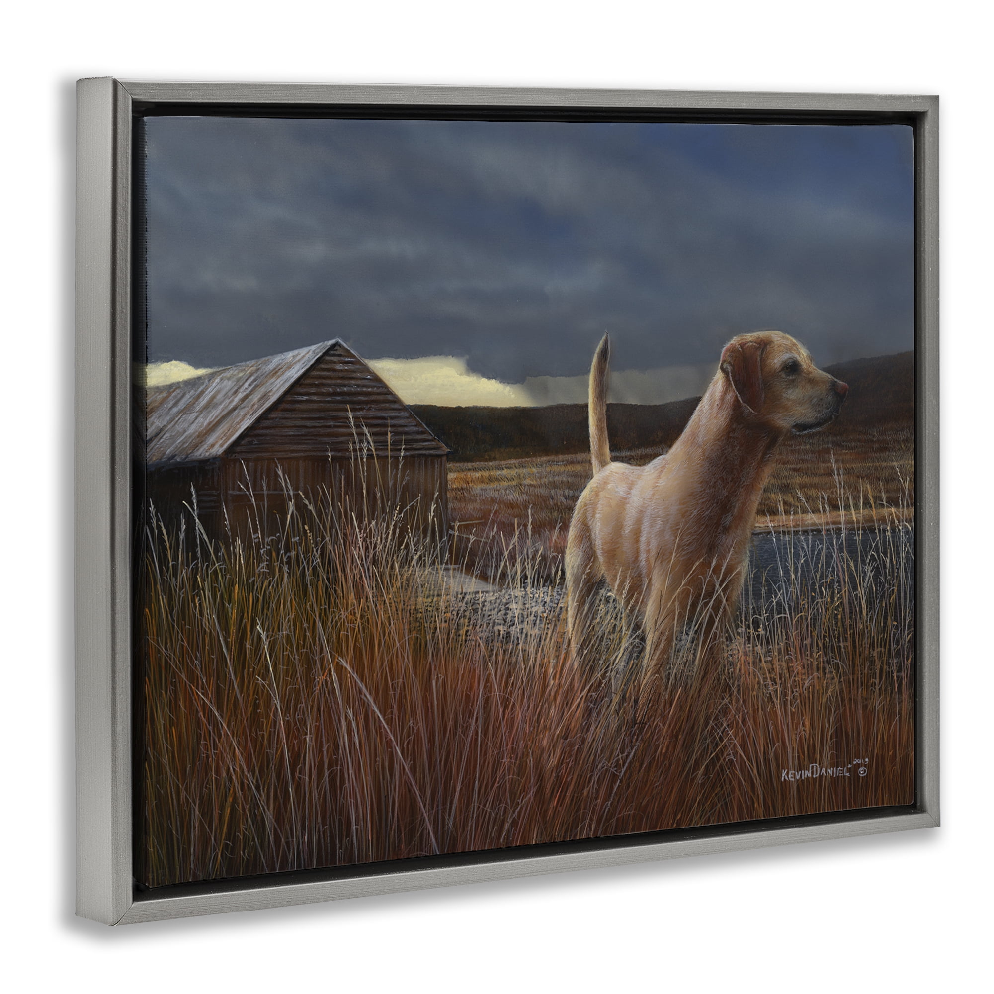 Stupell Industries Alert Dog by Cabin Landscape & Nature Painting Gray Floater Framed Canvas Art Print Wall Art, 21 x 17