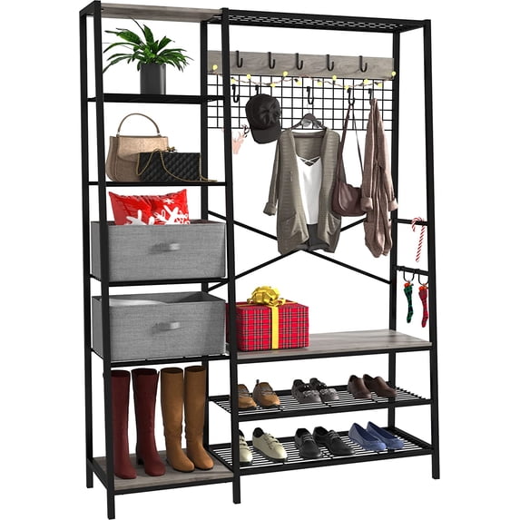 Hall Tree, Coat Rack with Shoe Bench for Entryway with 10 Hooks, 6-Tier Shelves, 15.56"D x 47.44"W x 70.67"H, Gray