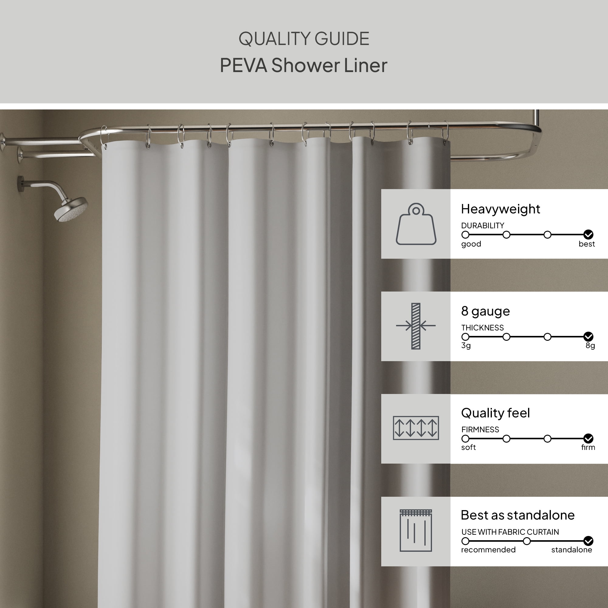 Better Homes & Gardens Heavyweight PEVA Shower Liner, 70" W x 72" H, Soft Silver