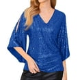 thumbnail image 2 of JGNGSHN Womens Sparkly Sequin Tops Dressy 3/4 Sleeve V Neck Wrap Shimmer Glitter Blouse for Evening Party Club Cocktail Royal Blue S, 2 of 7